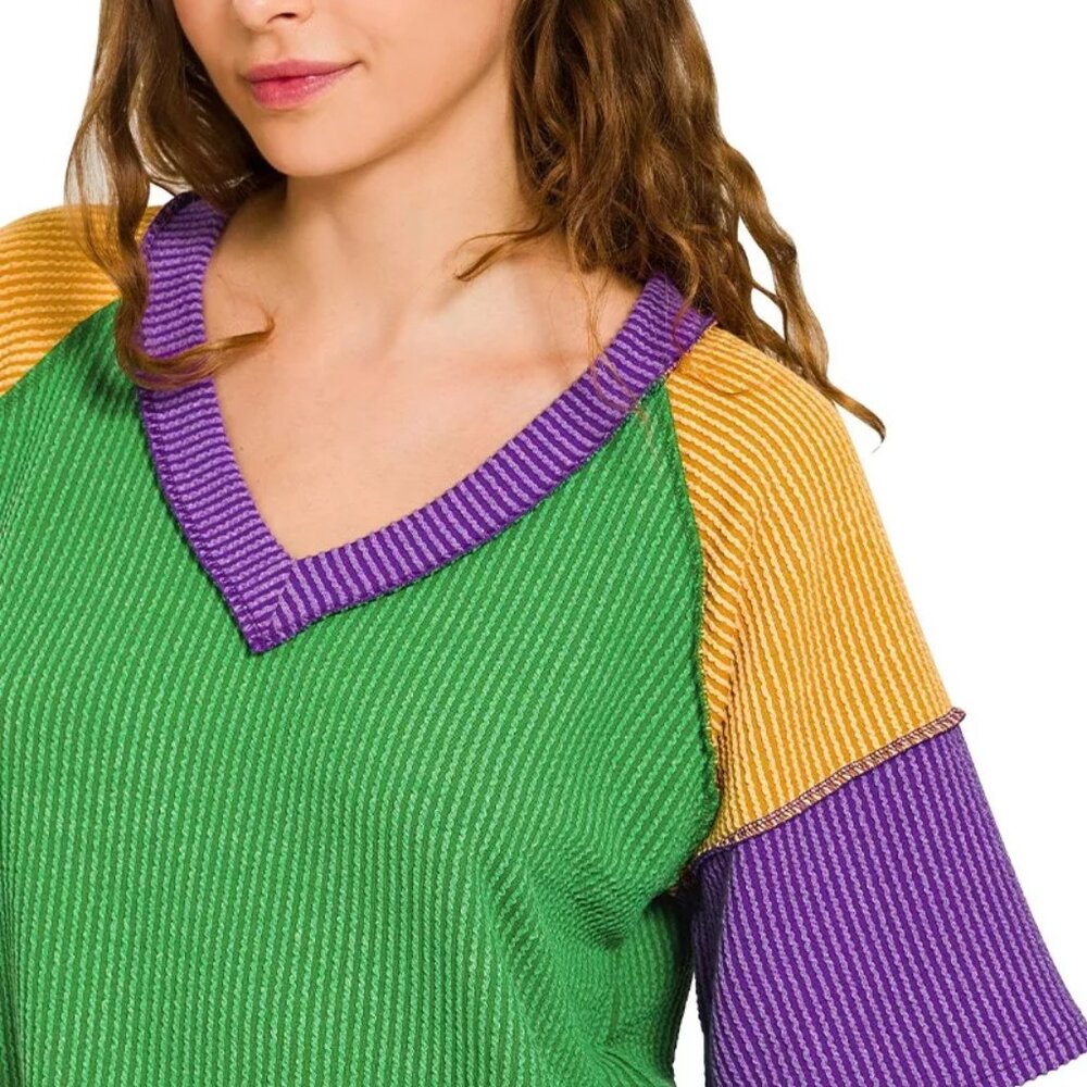 Zenana Mardi Gras Raised Rib Color Block Top‎ - Picture 5 of 6